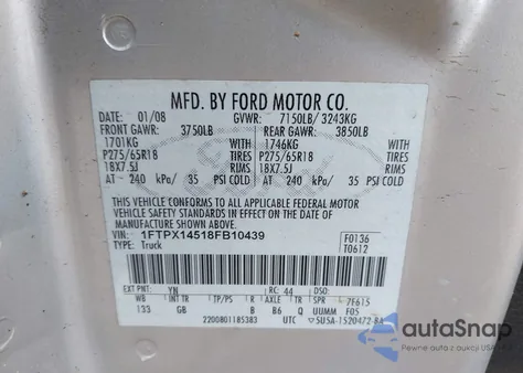 2008 Ford F-150 z USA, uszkodzony, nr VIN 1FTPX14518FB10439